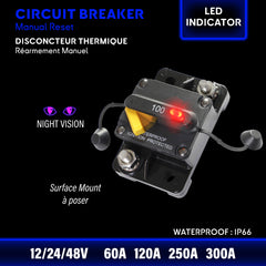 Marine circuit-breaker with led indicator light manual reset surface mount avaibalbe in 60A/120A/250A/300A 12-48V guenine power and waterproof IP66 for boat - disjoncteur led avec vision de nuit pour application bateau. Get more watt at sea with baywatt.com