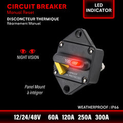 Waterproof Thermal Breaker 60-300A 12V to 48V | Panel Mount. Ideal for surge protection on boat, rv, trucks