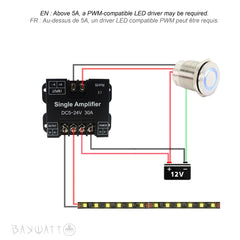 Wiring diagram: PWM dimmer switch to LED amplifier repeater (30A) for DB22B and DB22W.