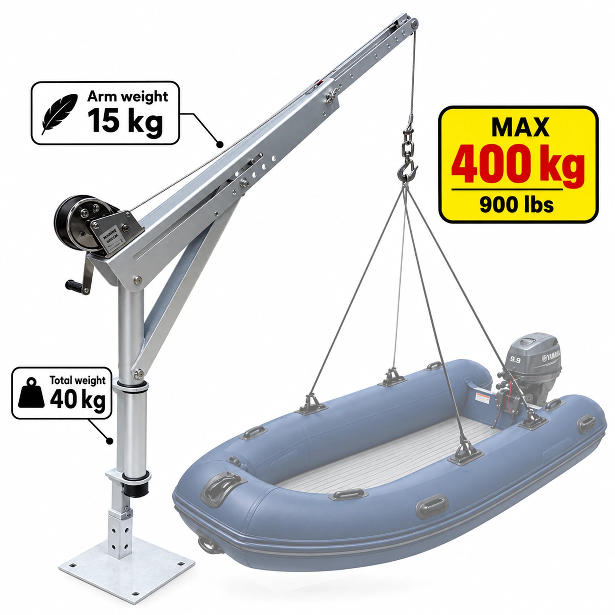 Potence portable pour bateau, relevage d’annexe semi-rigide ou barque, structure aluminium anodisé légère 400 kg (davier - grue de levage)