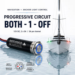 DEFIANCE Nav/Anc push-button switch for sailboat panels, showing progressive BOTH-1-OFF logic for navigation lights and anchor light control.