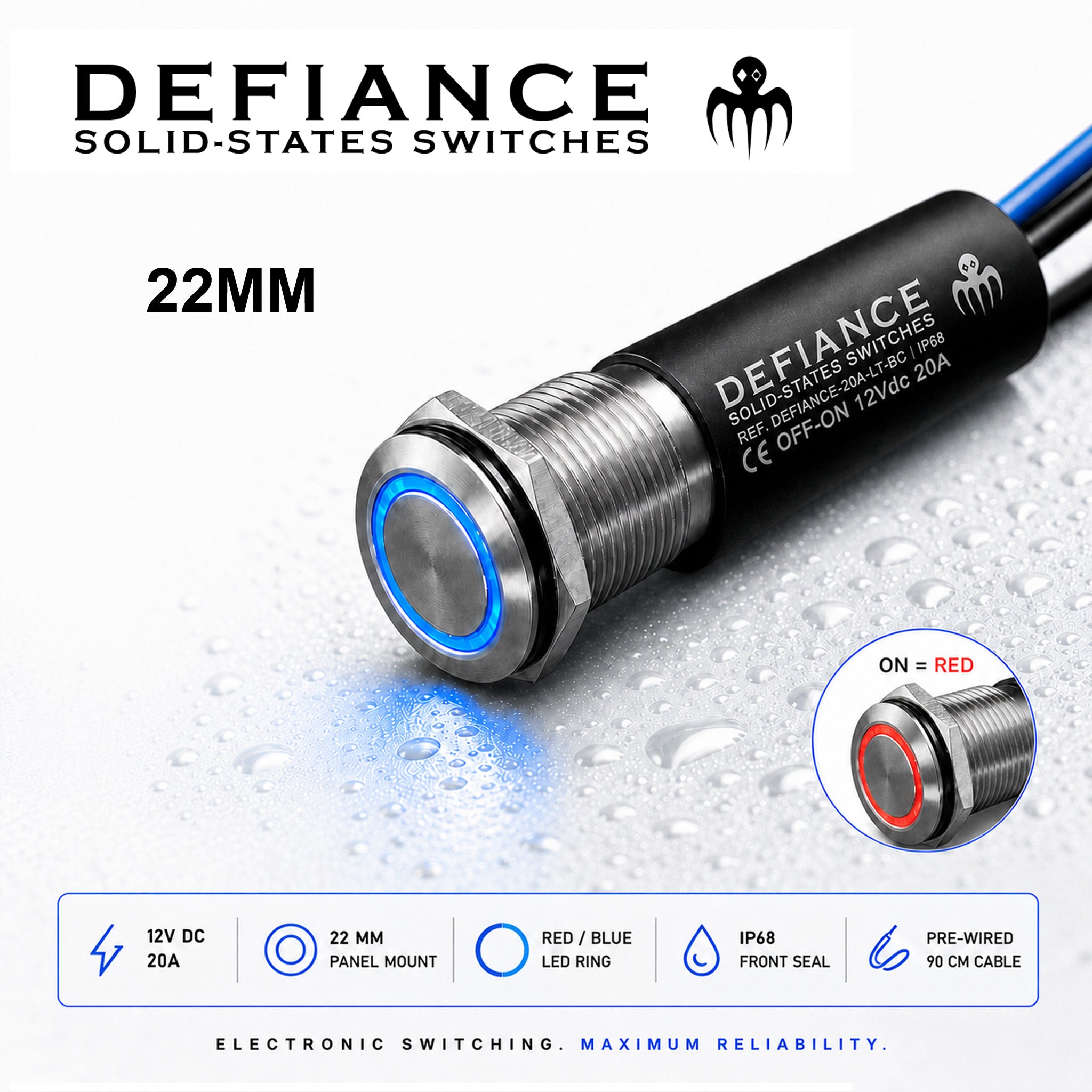 BAYWATT Defiance 22mm stainless steel push button switch with red blue LED ring, 12V 20A solid-state marine switch, NAV/ANC Switch