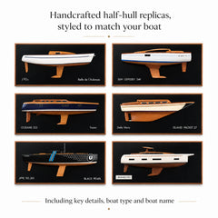 Custom wooden half-hull model checklist with boat name, type, model, hull, keel, rudder and coachroof details.