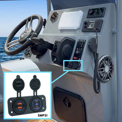 Dual USB charger installed on a boat console.  Quick charge technology QC3.0 - 36w and type-c 60w fast charging solution for RIB, Hypalon, motorboat 