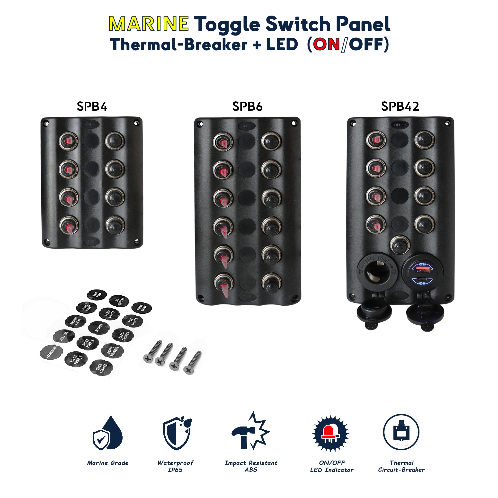 Gamme complète de panneaux de commutateurs marins SPB Series, BAYWATT avec LED ON/OFF et disjoncteurs thermiques, pour contrôle d'équipements marins, étanchéité IP65, options USB et allume-cigare. Gerez vos watt en mer de maniere efficace