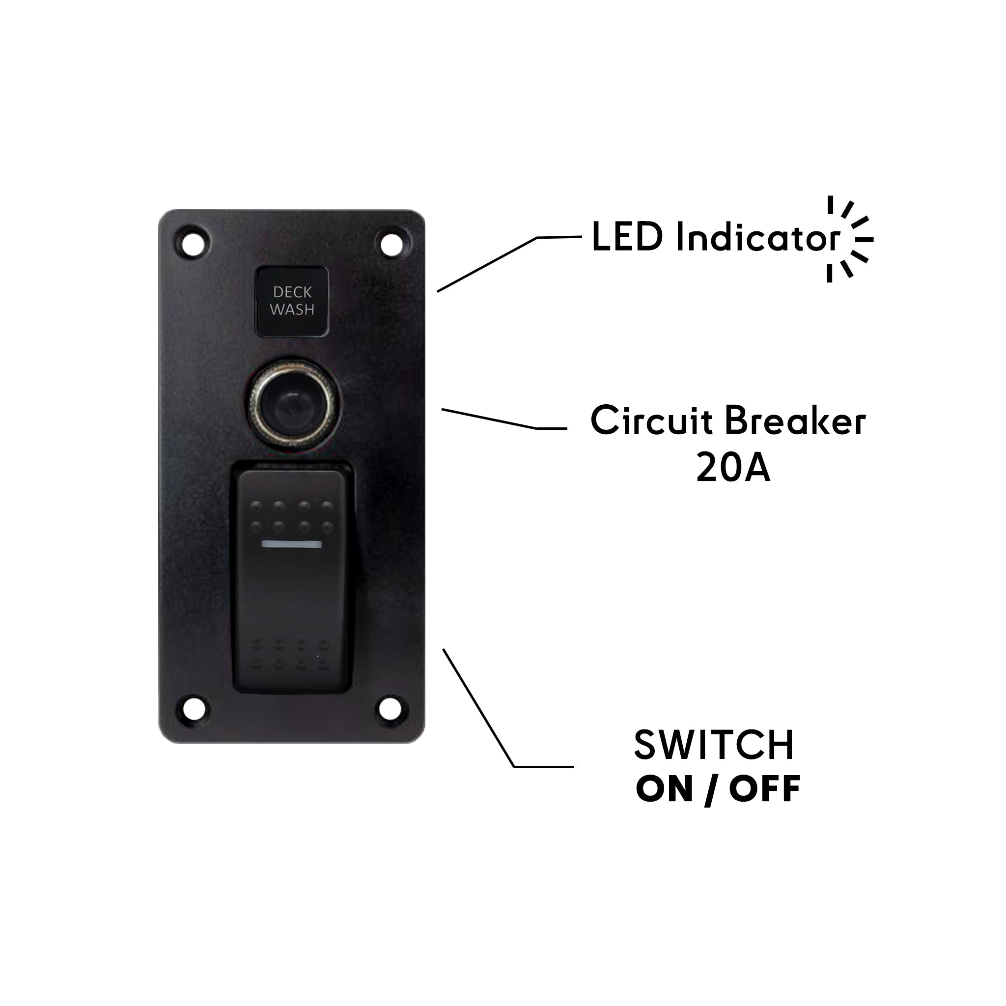 Panneau de commande de lavage de pont Baywatt avec indicateur LED et interrupteur marche/arrêt. Panneau de qualité marine pour contrôler les systèmes de lavage de pont de bateau. Dispose d'un indicateur d'état LED éclairé, d'un interrupteur marche/arrêt durable et d'un disjoncteur thermique intégré pour une protection contre les surcharges