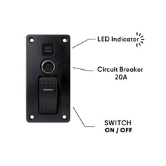 Panneau de commande de lavage de pont Baywatt avec indicateur LED et interrupteur marche/arrêt. Panneau de qualité marine pour contrôler les systèmes de lavage de pont de bateau. Dispose d'un indicateur d'état LED éclairé, d'un interrupteur marche/arrêt durable et d'un disjoncteur thermique intégré pour une protection contre les surcharges