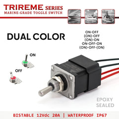 Interrupteur a tige avec led bi-couleur etanche IP67 noye dans l'epoxie bistable et technology quick-flick Trireme Series Technologie Baywatt