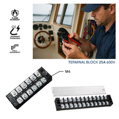 Bornier électrique à vis 6 et 12 positions 25A 600V, barrette de connexion pour fil électrique avec couvercle transparent, matériau bakélite laiton nickelé M4, gestion câble, installation marine.