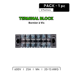 Baywatt 6-position marine-grade terminal block kit for organizing and connecting boat electrical wires. Kit de bornier électrique marine Baywatt à 6 positions 25A pour organiser et connecter les fils électriques du bateau.