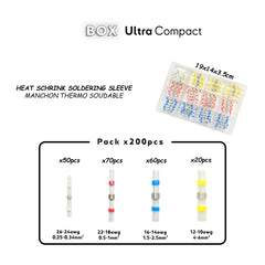 Compact box containing 200 heat shrink soldering sleeves in four sizes, color-coded for easy identification: 50 white (26-24 AWG), 70 red (22-18 AWG), 60 blue (16-14 AWG), and 20 yellow (12-10 AWG) waterproof IP67 Marine Grade Baywatt