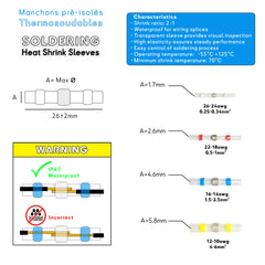 Specifications and usage instructions for heat shrink soldering sleeves, highlighting characteristics like IP67 waterproof rating, transparent sleeves, and correct application technique Baywatt.com
