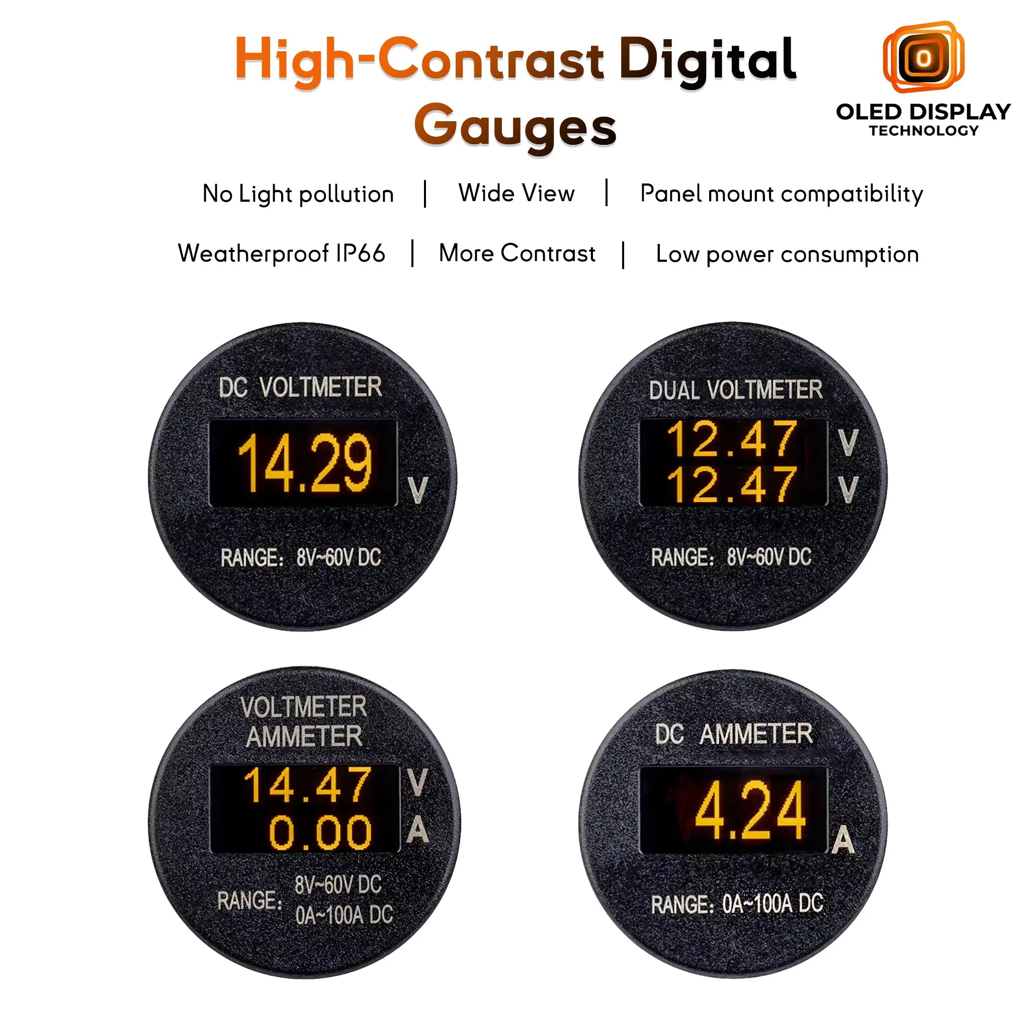 High-contrast amber OLED battery gauges for 12V/24V/48V systems featuring voltmeter, dual-bank, and 100A ammeter display options.