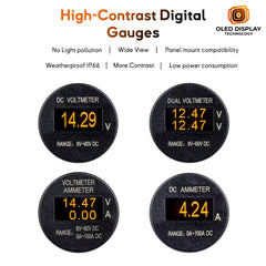 High-contrast amber OLED battery gauges for 12V/24V/48V systems featuring voltmeter, dual-bank, and 100A ammeter display options.