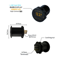 Technical dimensions for 29mm OLED battery monitor with 6.3mm quick-connect terminals and threaded locking nut for panel mounting.