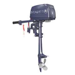 moteur hors-bord électrique BAYWATT 2,2 kW (3CV) 48V, avec une poignée de barre franche, protection d’hélice, et rotation à 360° pour une maniabilité optimale en mer.