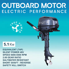 Electric outboard, 5.1 kW, 7 hp equivalent, 48 V, 5000–5500 rpm, 2.08 gear ratio
