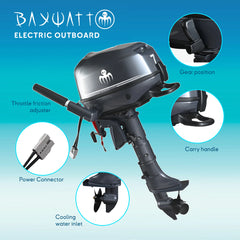 Hors-bord brushless Baywatt 48V, arbre court — détails : poignée de gaz, bride de serrage, prise d’alim, manette du trim , réglage de friction, poignée de transport, connecteur d’alimentation, refroidissement a eau.