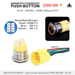 Bouton poussoir inverseur momentané (ON)-ON, 12V 5A, 22mm, étanche IP67, DPST 2NO2NC — code couleur des fils COM/NO/NC + LED