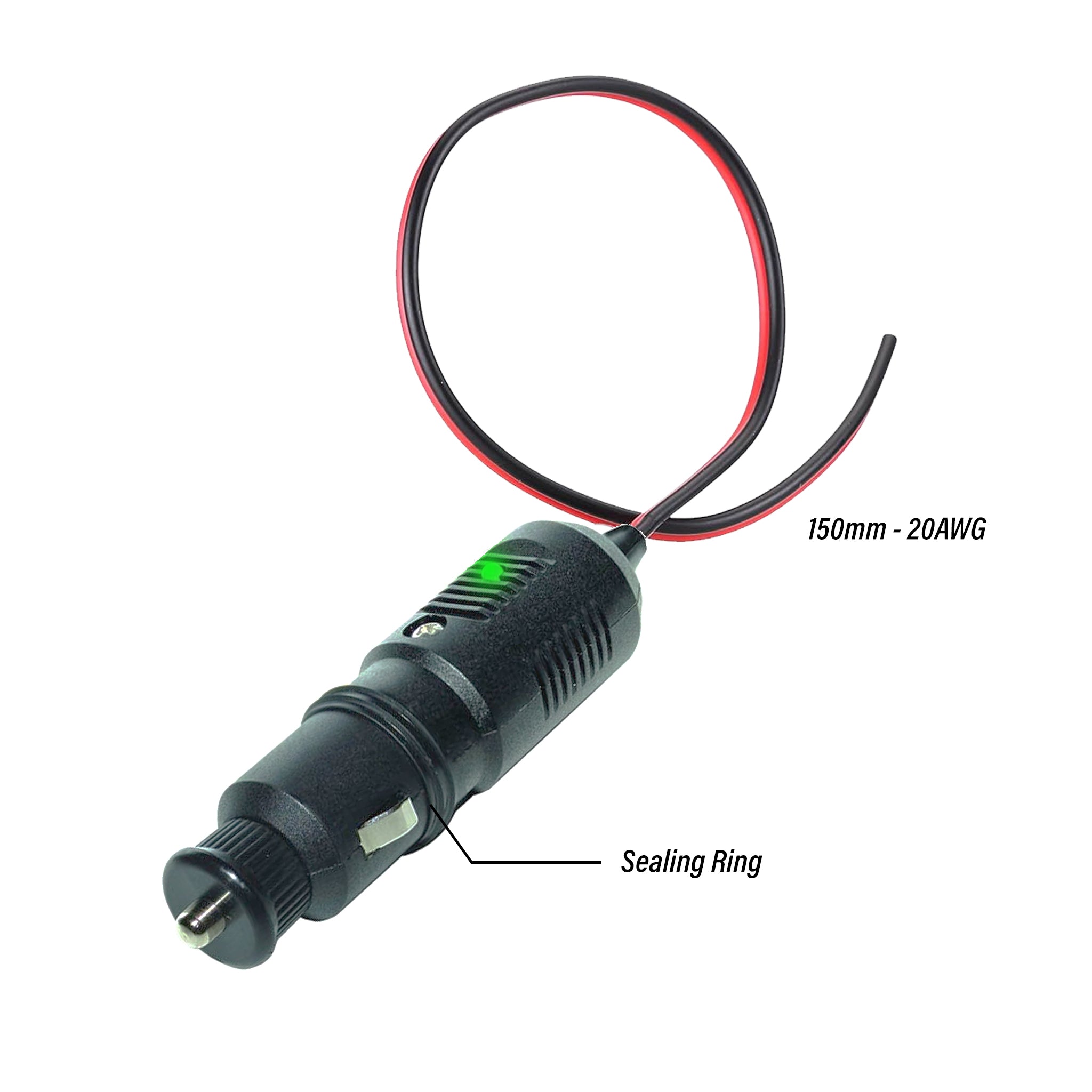 Cigar plug with green led - 12v 10A  marine grade with 150mm cable 20 awg 120w max nylon glass body and sealing ring. fiche allume etanche avec voyant led vert 120w pour bateau , BAYWATT - dedicated marine supplies