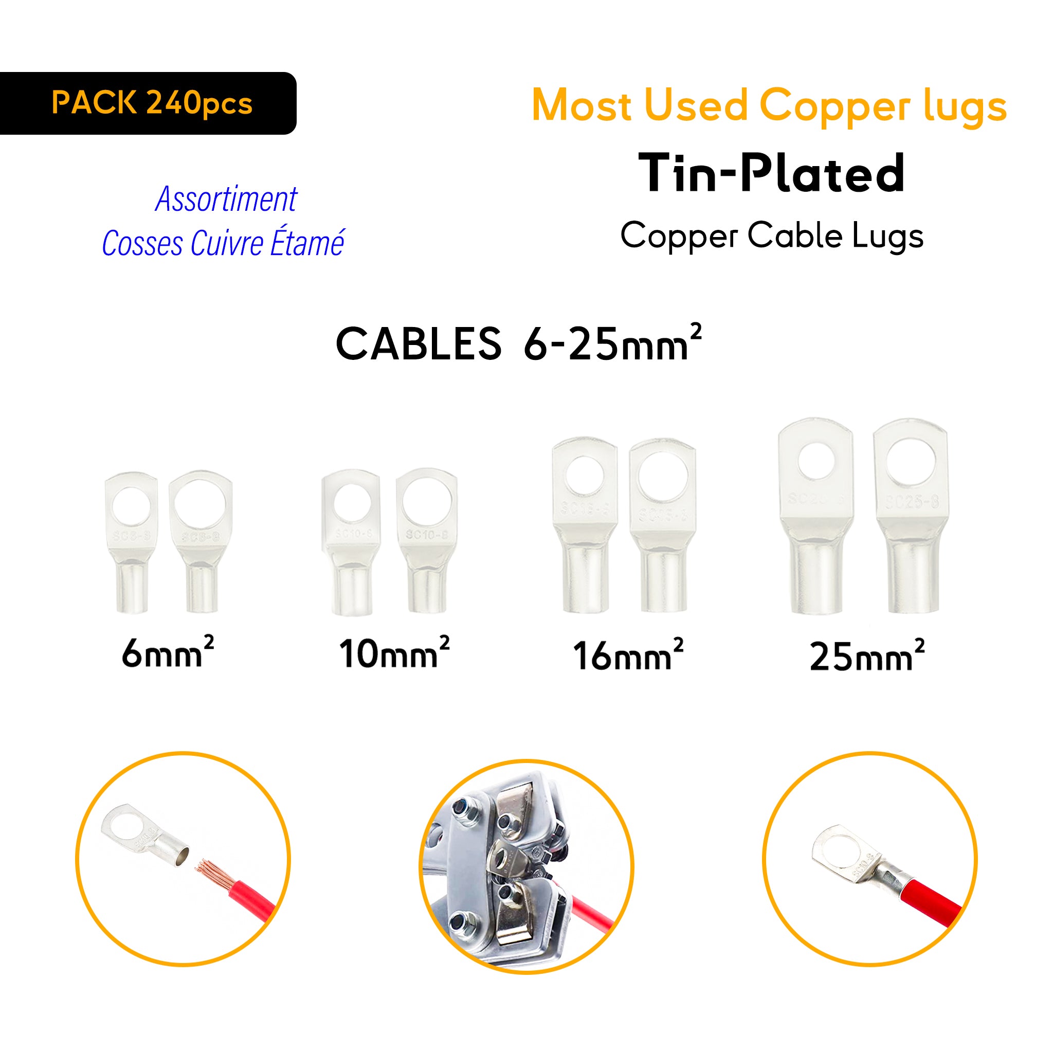 Most used copper lugs for boat application tin-plated lugs for wire 6 up to 25mm2 pack of 240pcs Baywatt.com marine electricity