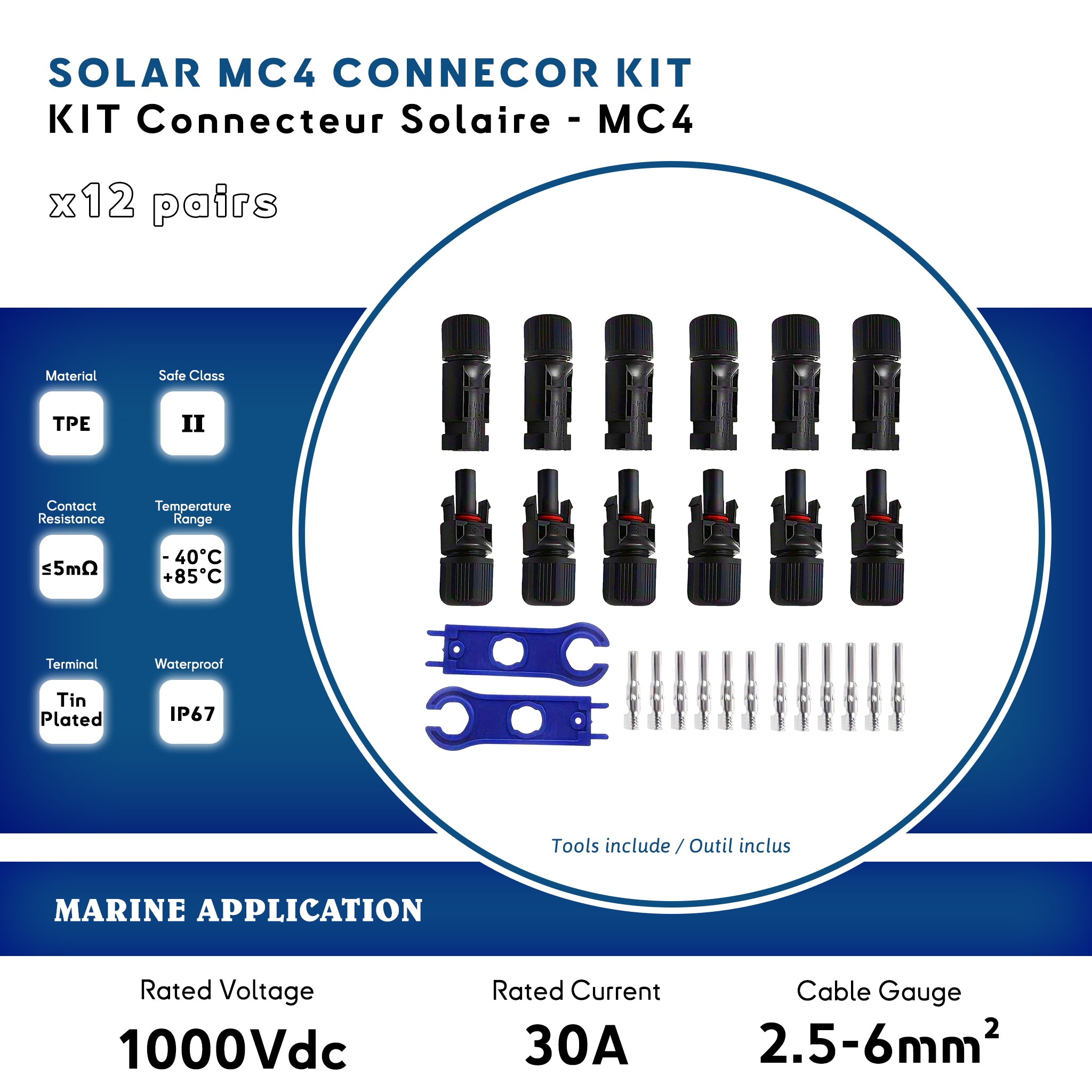 Solar Panel MC4 Connector Set Baywatt  (Pair) - Waterproof, Easy Install, High Current & Voltage, UL94-V0 Rated. Durable PPO Material, -40°C to +90°C Temp Range. Includes 10 Sets of Connectors + Wrenches. Marine MC4 solar connector - kit connecteur solaire 