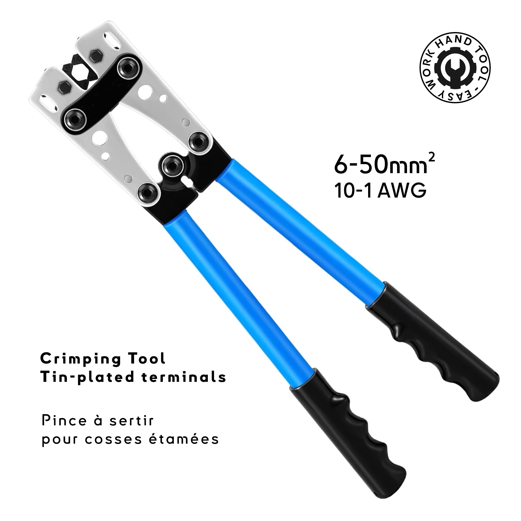 Pince à sertir pour cosses tubulaires de 6 à 50mm². Outil de haute qualité avec poignée ergonomique antidérapante pour des connexions fiables et durables en environnement marin. Baywatt CT650 