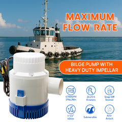 Pompe de cale 4700 GPH 12V automatique pour bateau moteur submersible haute capacité 296 L/min avec sortie 40 mm