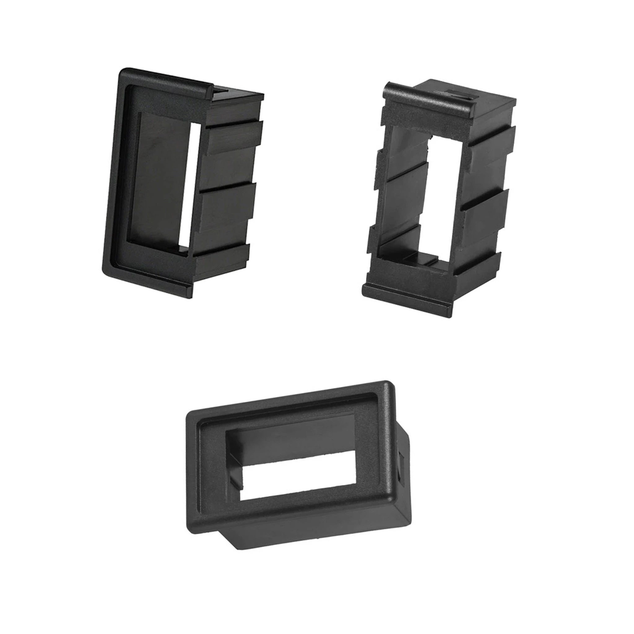Modular marine rocker switch bracket system for building custom-width boat switch panels with snap-in ON-OFF switches.