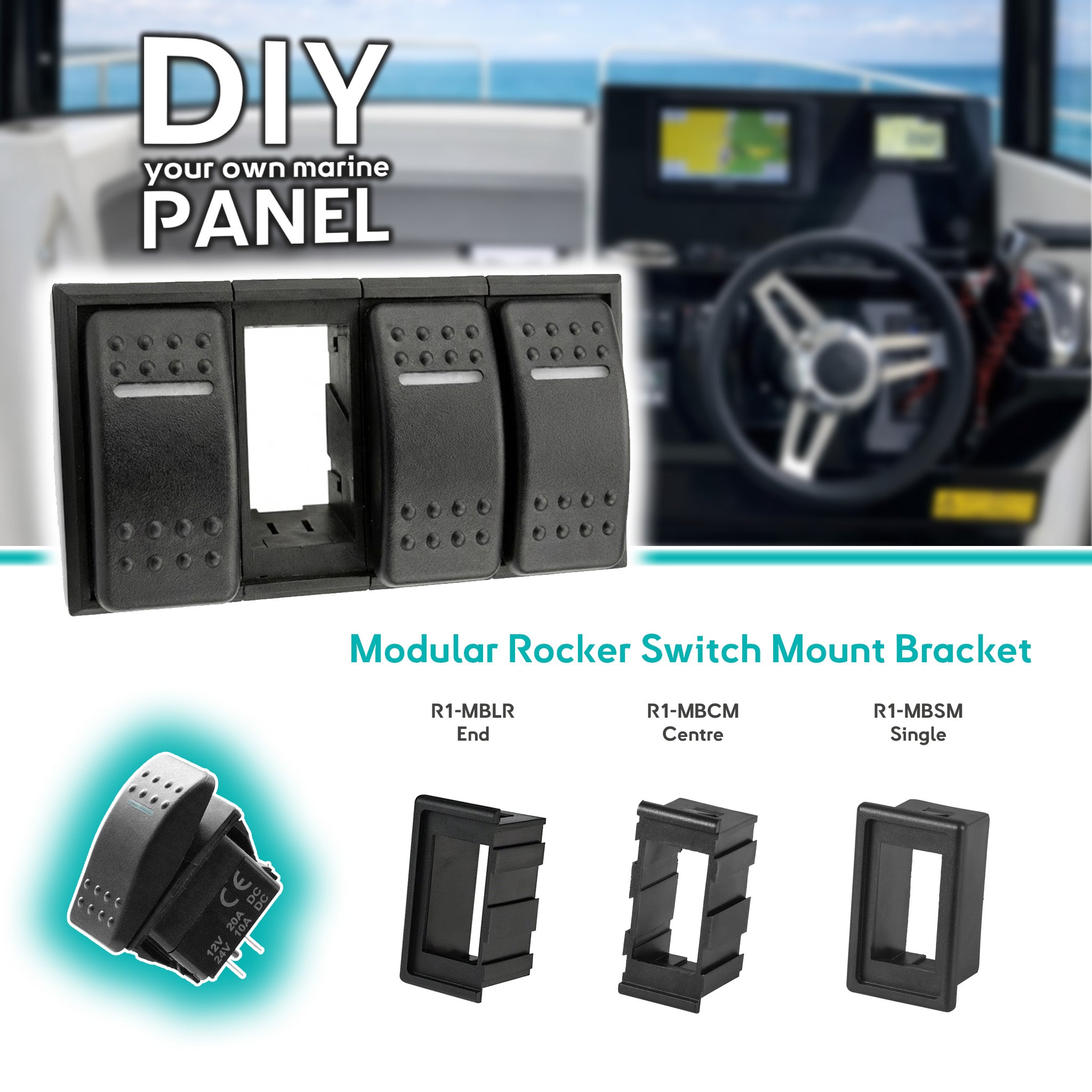 Modular rocker switch mount bracket set for DIY marine panel with steering wheel and dashboard in background.