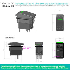 Dimensions of Baywatt R0-N02 momentary (ON)-OFF waterproof rocker switch, 37.2 x 21.2 mm cut-out, 12V/24V