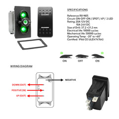 Wiring diagram for Baywatt R0-N05 (ON)-OFF-ON SPDT Switch. Pinout guide for marine bilge pumps, actuators, and 12V/24V control panels