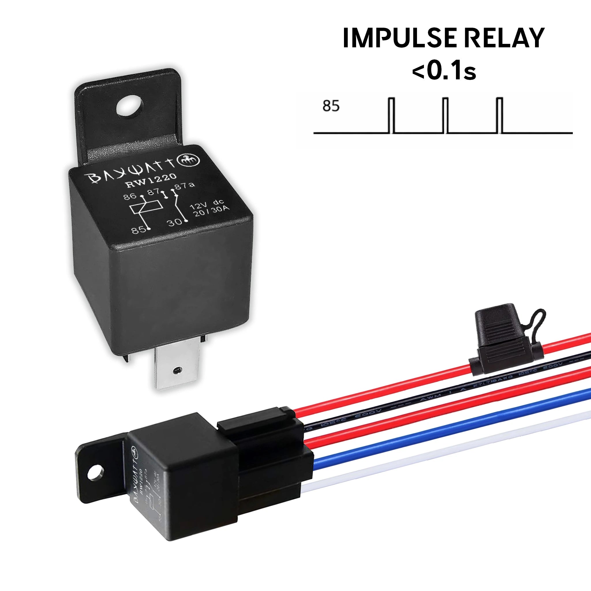 Télérupteur 12V DC 30A mini relais à impulsion avec faisceau précâblé et porte-fusible – équivalent E.T.A RT200 EXR30