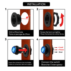 Étapes d'installation d'un interrupteur marin : perçage de 29mm, fixation par contre-écrou et branchement électrique (Charge, Alimentation, Masse).