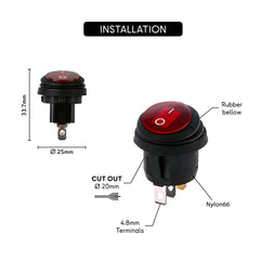 Dimensions et détails d’installation d’un interrupteur à bascule rond étanche LED avec découpe 20 mm, bornes 4,8 mm et soufflet en caoutchouc