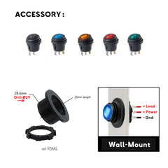 RSMS wall-mount bracket for round waterproof rocker switch with panel drill size, support ring and side wiring example