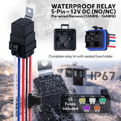 Kit relais étanche 5 broches 12V (NO/NC) pour usage marin, relais + socle IP67, faisceau précâblé avec porte-fusible en ligne, fusibles inclus (RW1240).