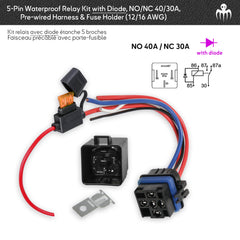 Kit relais étanche 5 broches 12V avec diode de roue libre, inverseur SPDT NO/NC 40A/30A, connecteur IP67, faisceau précâblé et porte-fusible (RW1240D).