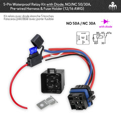 RW1250D marine relay with flyback diode, IP67 sealed harness and ATO/ATC inline fuse holder for 12V loads.
