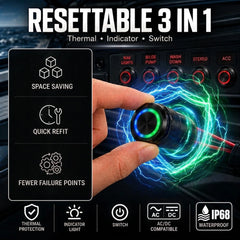 BAYWATT RESOLUTE marine push button held in front of a boat switch panel, combining thermal protection, LED illumination and switching.