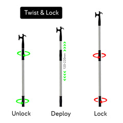 Illustration du mécanisme Twist & Lock de la gaffe télescopique : déverrouillage, déploiement et verrouillage rapide.
