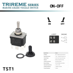 Interrupteur à bascule marin Trireme Series TST1 ON-OFF, bipolaire DPDT 2NO2NC, inox 316 IP67 avec capuchon étanche et bornes Faston 6.3mm – 12/24V heavy duty.
