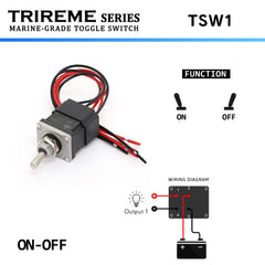 Marine toggle switch ON-OFF DPDT 2NO2NC 12/24V 20A, heavy-duty bipolar stainless steel 316 with prewired leads and waterproof sealing – TRIREME Series.