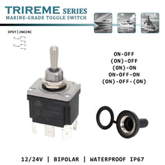 Aluminum Boat Toggle Switch Bipolar 2no2nc marine-grade waterproof Ip67 20A 24Vdc with cap Trireme Series by Baywatt 