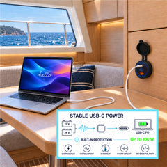 MacBook relié à une prise USB-C PD 100W BAYWATT dans le carré d’un bateau, avec schéma d’alimentation 12V/24V et protections intégrées