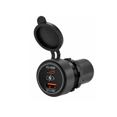 BAYWATT marine USB-C PD 100W and USB-A 36W charger socket, shown at an angle with its protective cap open and mounting nut visible.