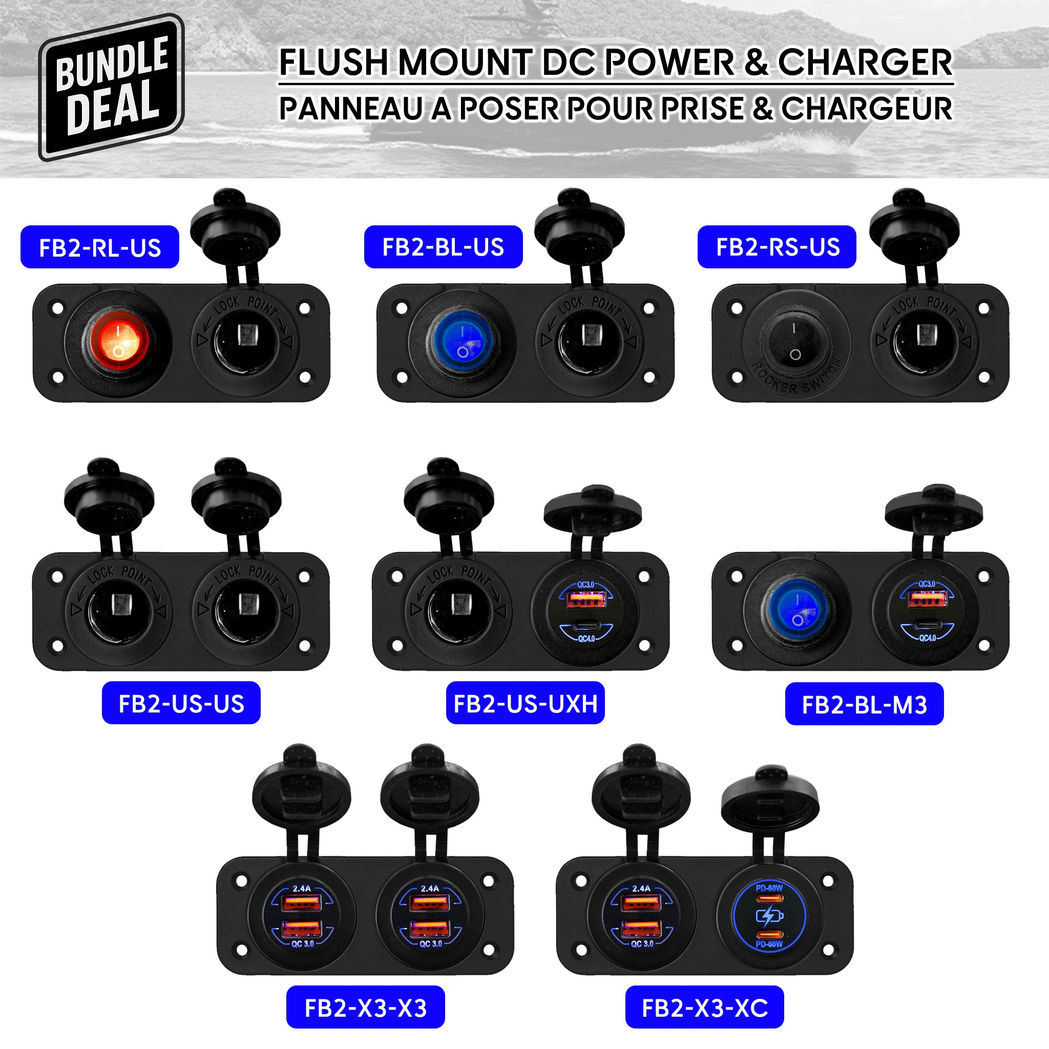 Panneaux Baywatt encastrables 2 voies pour bateau – Prises allume-cigare, interrupteurs LED et chargeurs USB pour installation marine