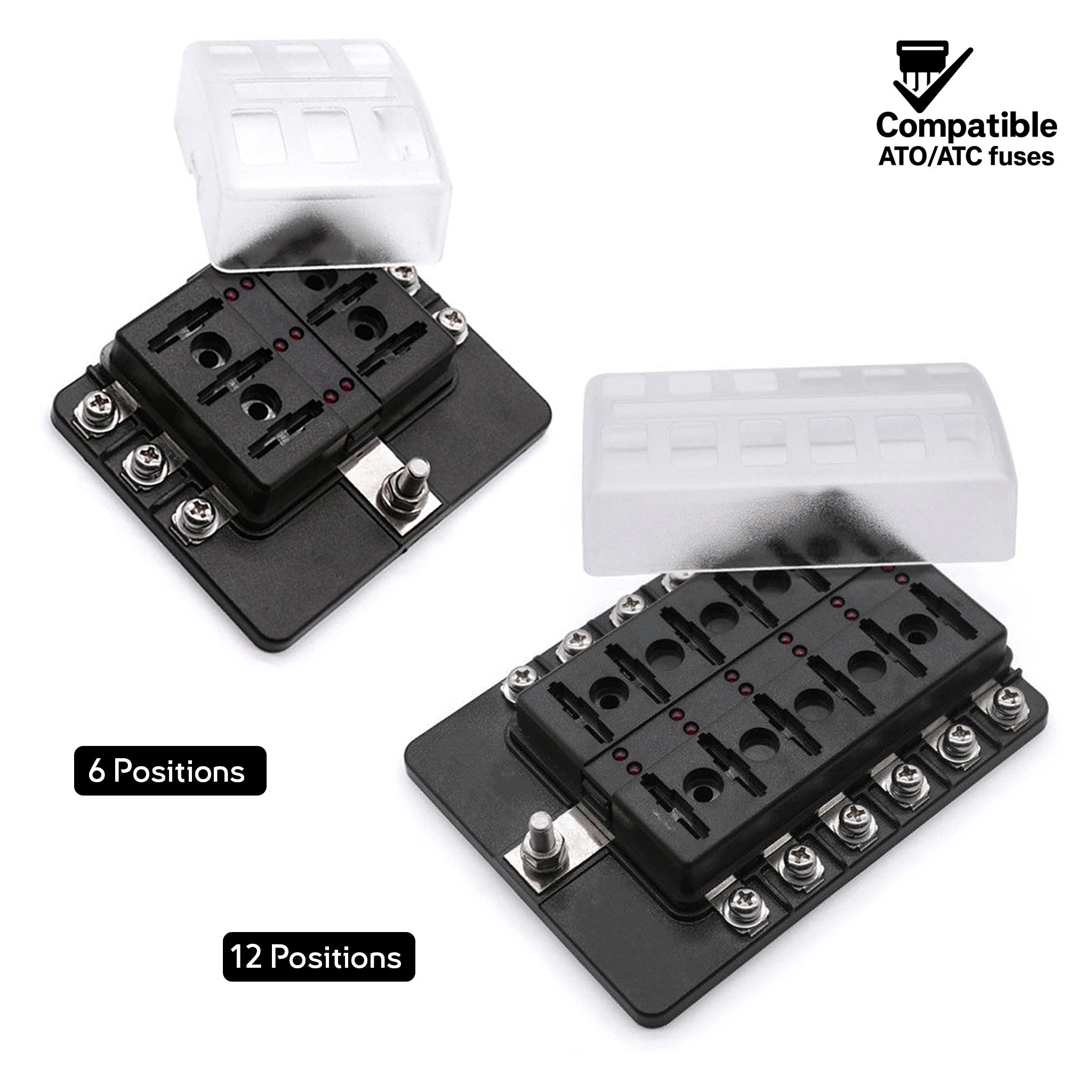 boat fuse holder with LED indicators – 6 or 12 circuits, lightweight PBT construction.