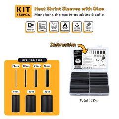 Kit manchons thermorétractables a colle Baywatt 180 pièces 7 tailles différentes gaine épaisse ignifugée qualité marine usage bateau