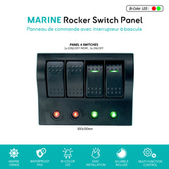 marine rocker switch panel RSP4 waterproof, showing 4 rocker switches with bi-color LED indicators for easy control of onboard devices - Baywatt.